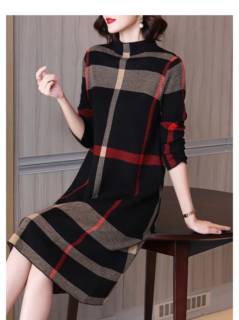 Classic Charm: Striped High Collar Wool Dress