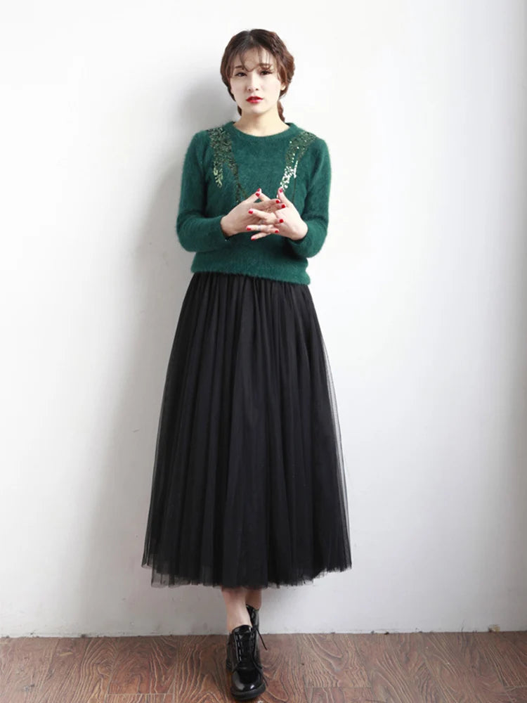 2024 Autumn Winter Vintage Tulle Skirt Women Elastic High Waist Mesh Skirts Long Pleated Tutu Skirt Female