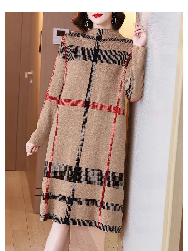 Classic Charm: Striped High Collar Wool Dress