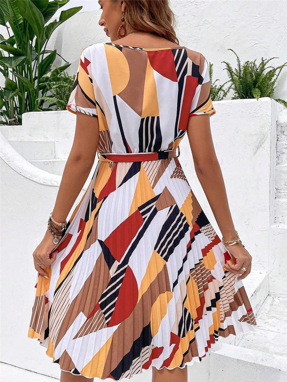 Pleated Print Round Neck A-Line Dress