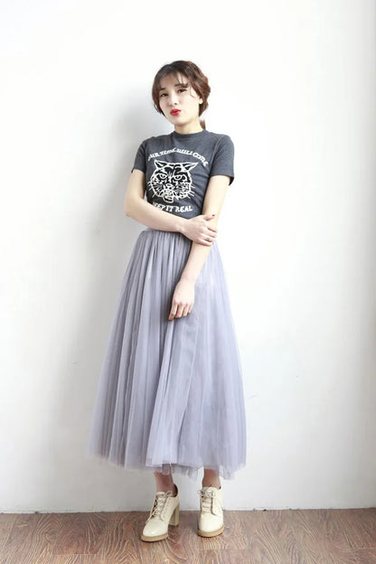 2024 Autumn Winter Vintage Tulle Skirt Women Elastic High Waist Mesh Skirts Long Pleated Tutu Skirt Female