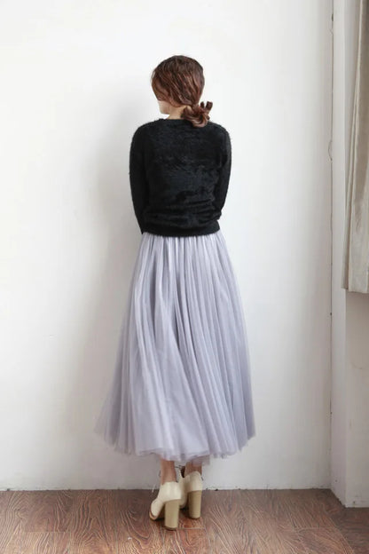 2024 Autumn Winter Vintage Tulle Skirt Women Elastic High Waist Mesh Skirts Long Pleated Tutu Skirt Female