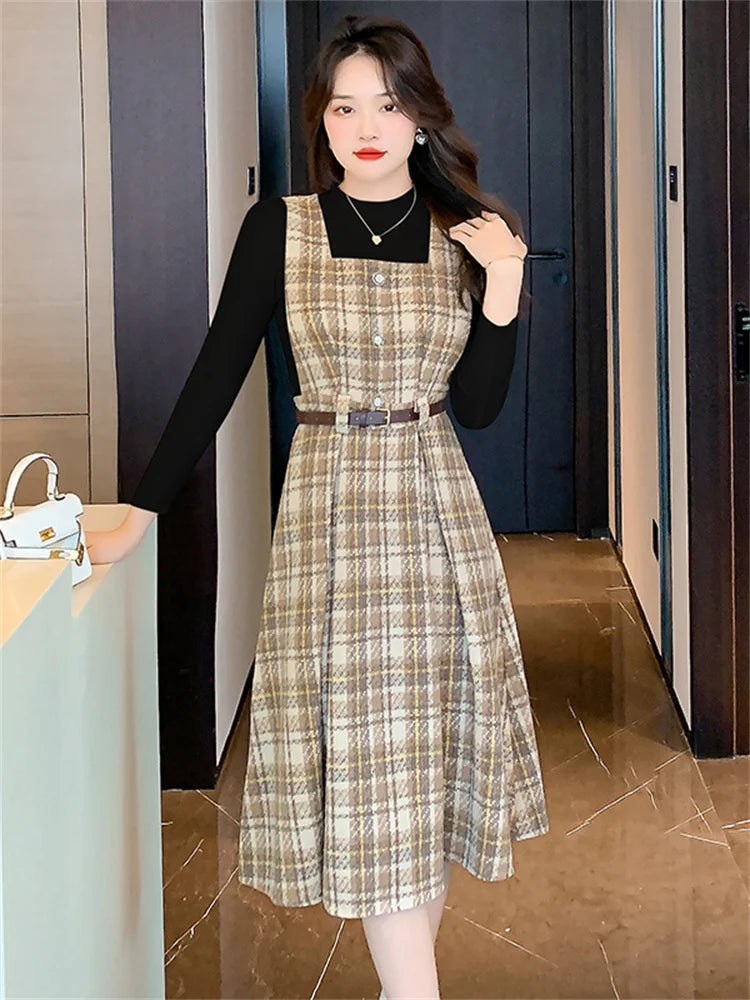 Autumn Elegance: Knitted Pullover and Tweed Plaid Dress Ensemble