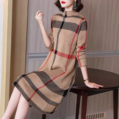 Classic Charm: Striped High Collar Wool Dress