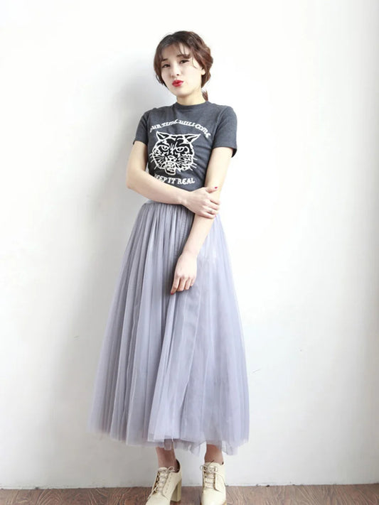 2024 Autumn Winter Vintage Tulle Skirt Women Elastic High Waist Mesh Skirts Long Pleated Tutu Skirt Female