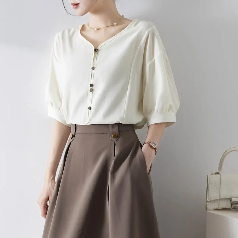 Summer Elegance: French Loose-Fit Blouse for Women