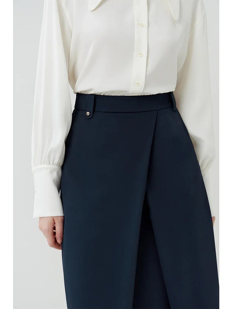 Elegant Asymmetry: High Waist Navy Blue Pleated Skirt