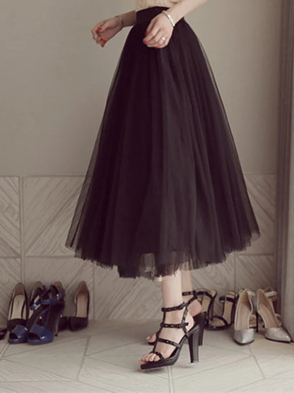 2024 Autumn Winter Vintage Tulle Skirt Women Elastic High Waist Mesh Skirts Long Pleated Tutu Skirt Female