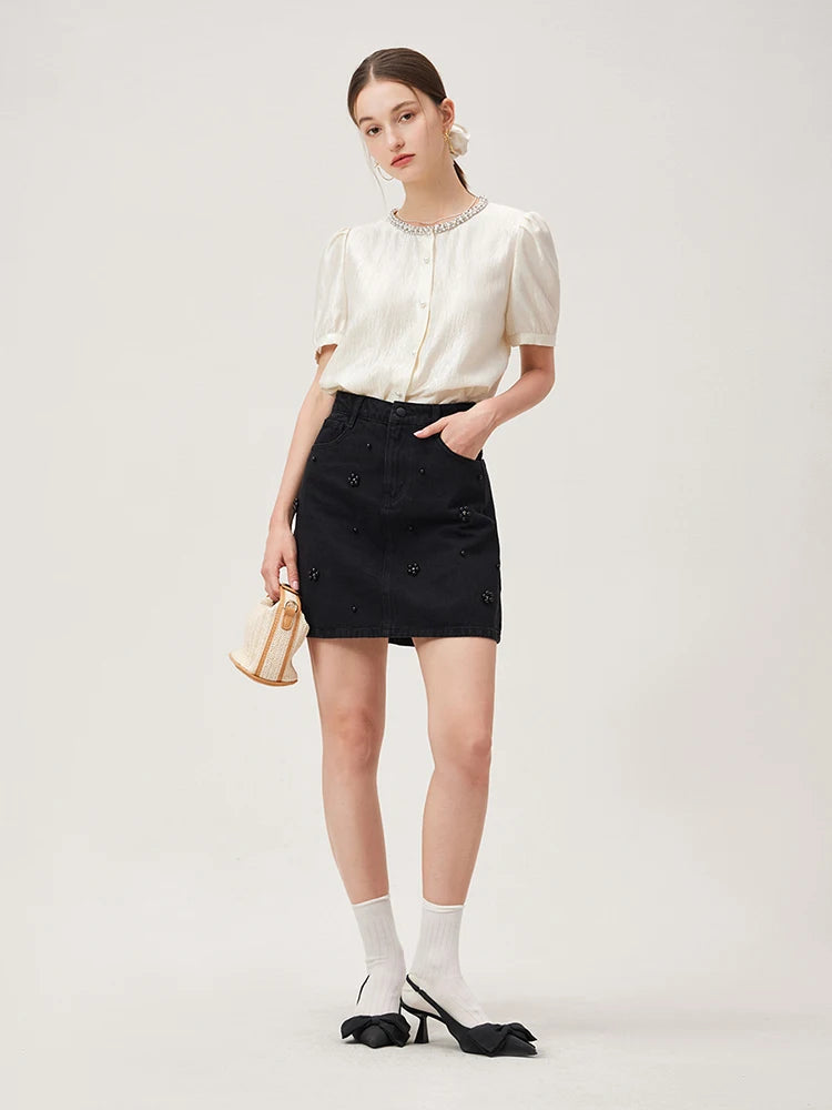 Elegant Commuter Blouse: French Style Short Sleeve with Bead Detail