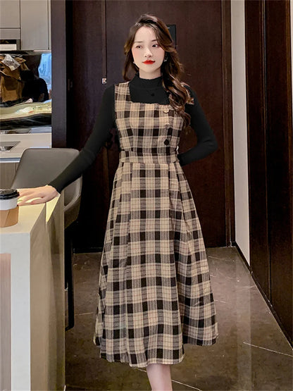 Autumn Elegance: Knitted Pullover and Tweed Plaid Dress Ensemble