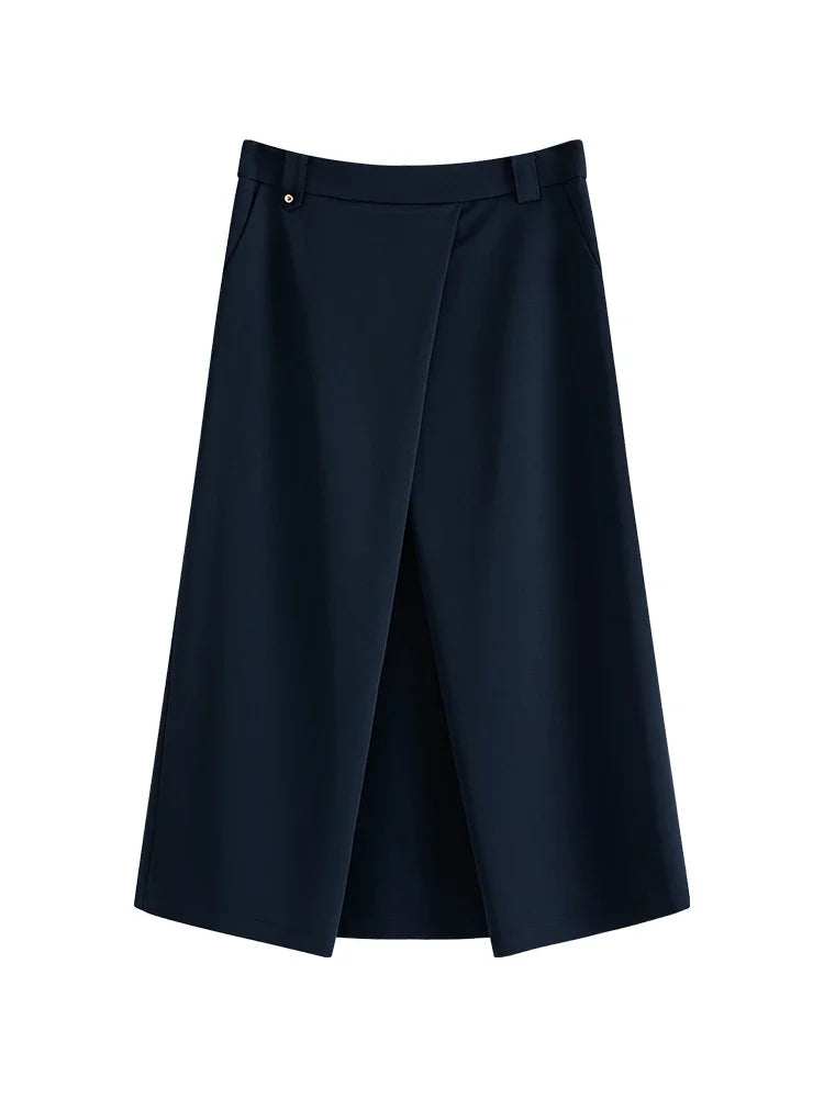 Elegant Asymmetry: High Waist Navy Blue Pleated Skirt