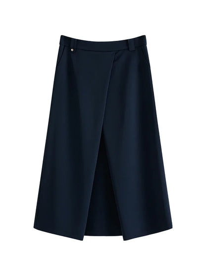 Elegant Asymmetry: High Waist Navy Blue Pleated Skirt