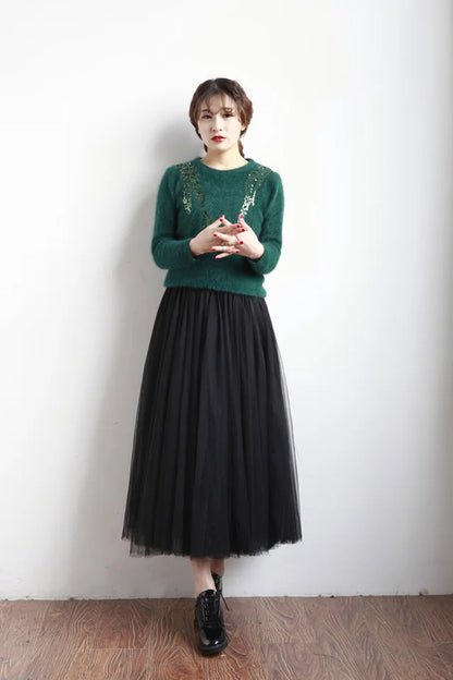 2024 Autumn Winter Vintage Tulle Skirt Women Elastic High Waist Mesh Skirts Long Pleated Tutu Skirt Female