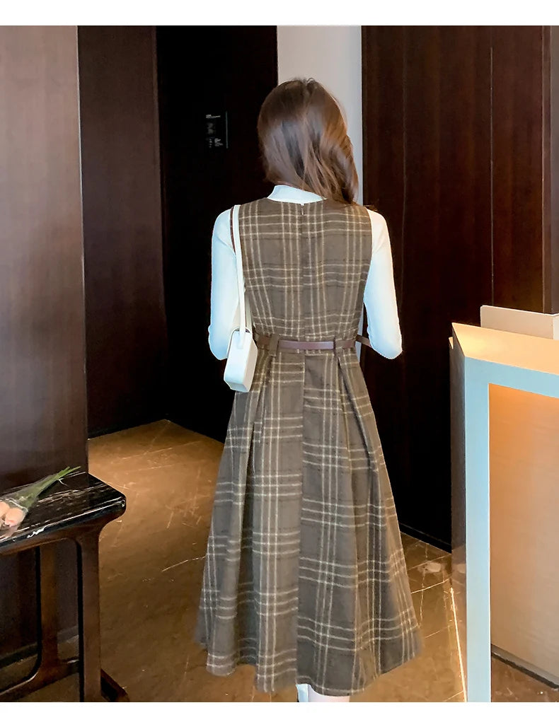 Autumn Elegance: Knitted Pullover and Tweed Plaid Dress Ensemble