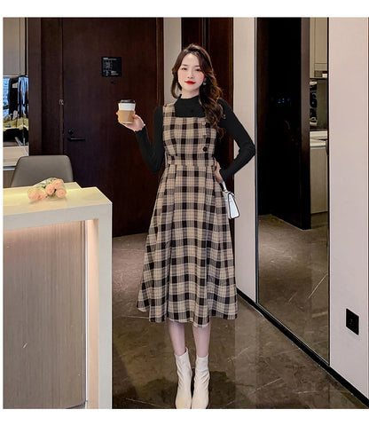 Autumn Elegance: Knitted Pullover and Tweed Plaid Dress Ensemble