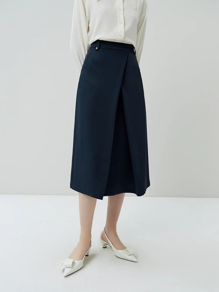 Elegant Asymmetry: High Waist Navy Blue Pleated Skirt