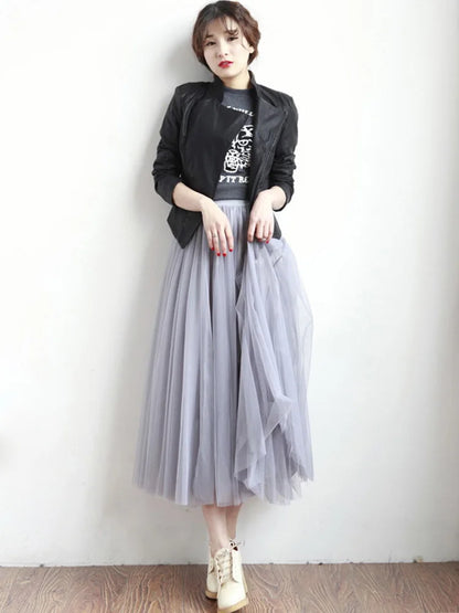 2024 Autumn Winter Vintage Tulle Skirt Women Elastic High Waist Mesh Skirts Long Pleated Tutu Skirt Female