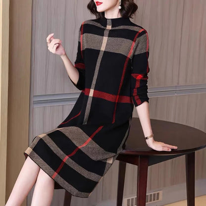 Classic Charm: Striped High Collar Wool Dress