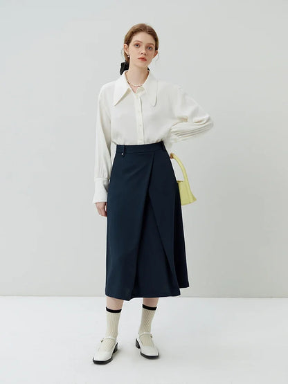 Elegant Asymmetry: High Waist Navy Blue Pleated Skirt