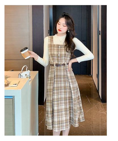 Autumn Elegance: Knitted Pullover and Tweed Plaid Dress Ensemble