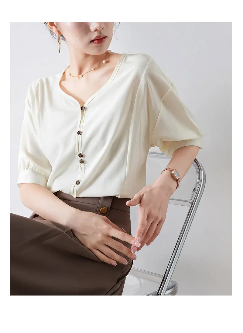 Summer Elegance: French Loose-Fit Blouse for Women