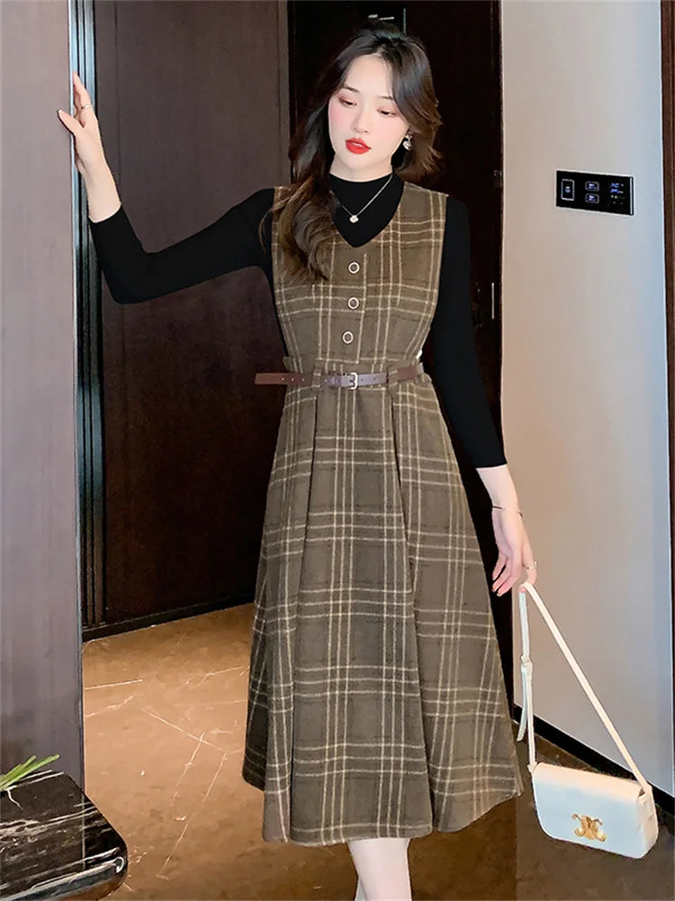 Autumn Elegance: Knitted Pullover and Tweed Plaid Dress Ensemble