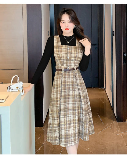 Autumn Elegance: Knitted Pullover and Tweed Plaid Dress Ensemble