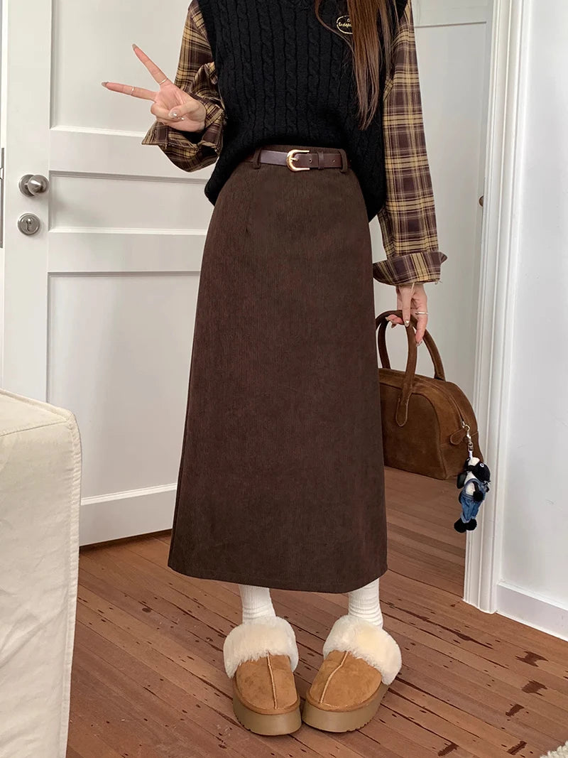 Chic Vintage Corduroy Skirt Ensemble