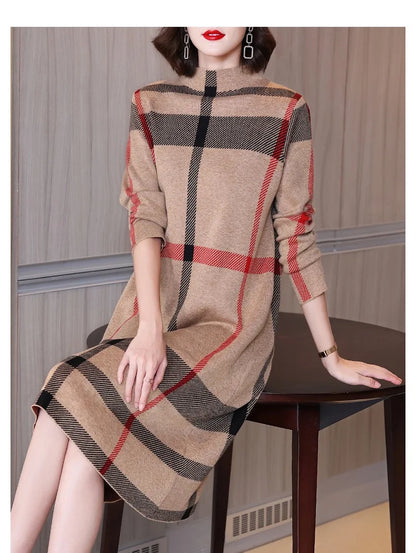 Classic Charm: Striped High Collar Wool Dress