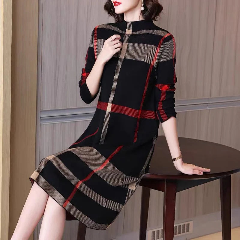 Classic Charm: Striped High Collar Wool Dress